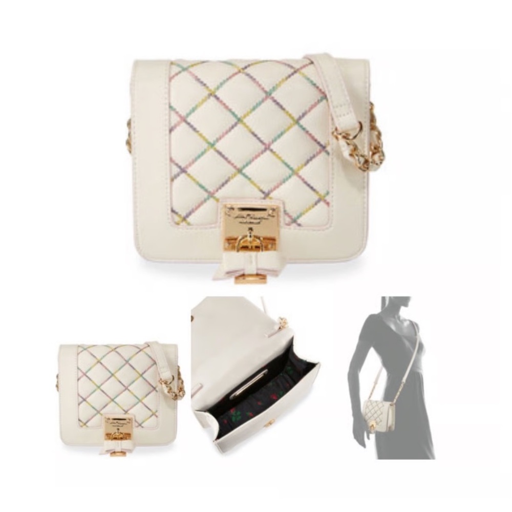 Betsey Johnson cotton candy quilted crossbody bag in cream with bow lock detail